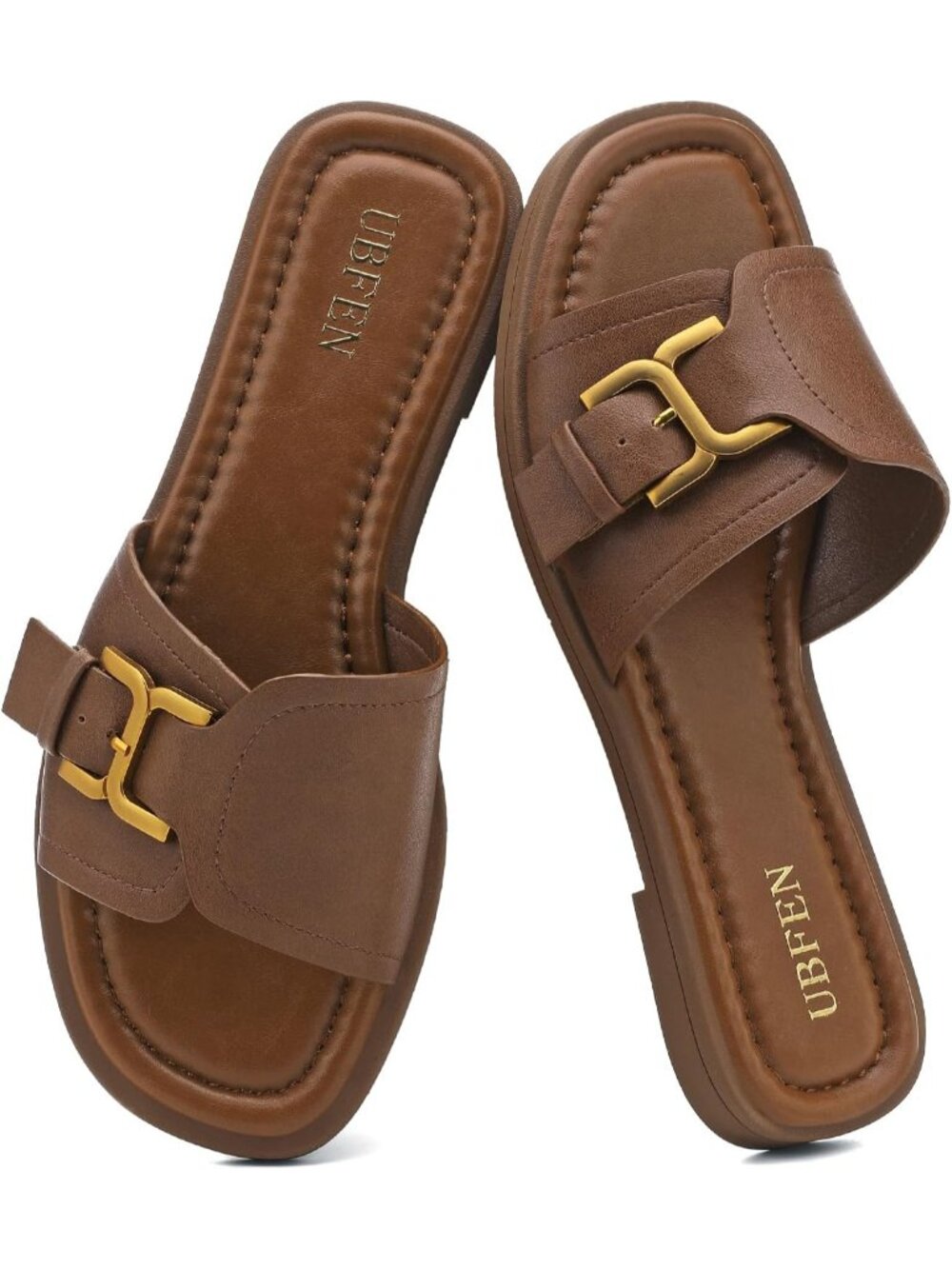 Women's Brown Square Toe Flat Sandals Slides Dressy Comfortable for Beach